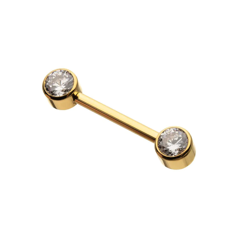 Bezel Set Gem End Nipple Barbell 24Kt Gold PVD Titanium