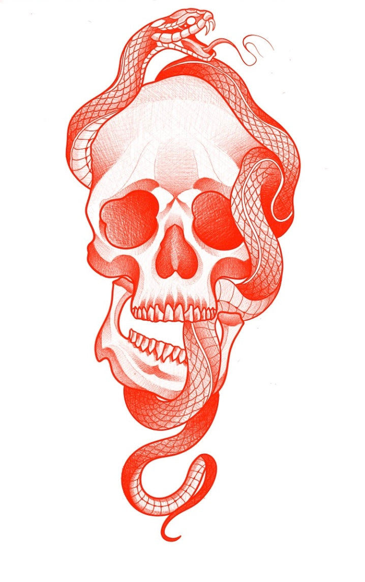 Skull & Snake tattoo design featuring a red skull intertwined with a snake, unique and exclusive artwork.