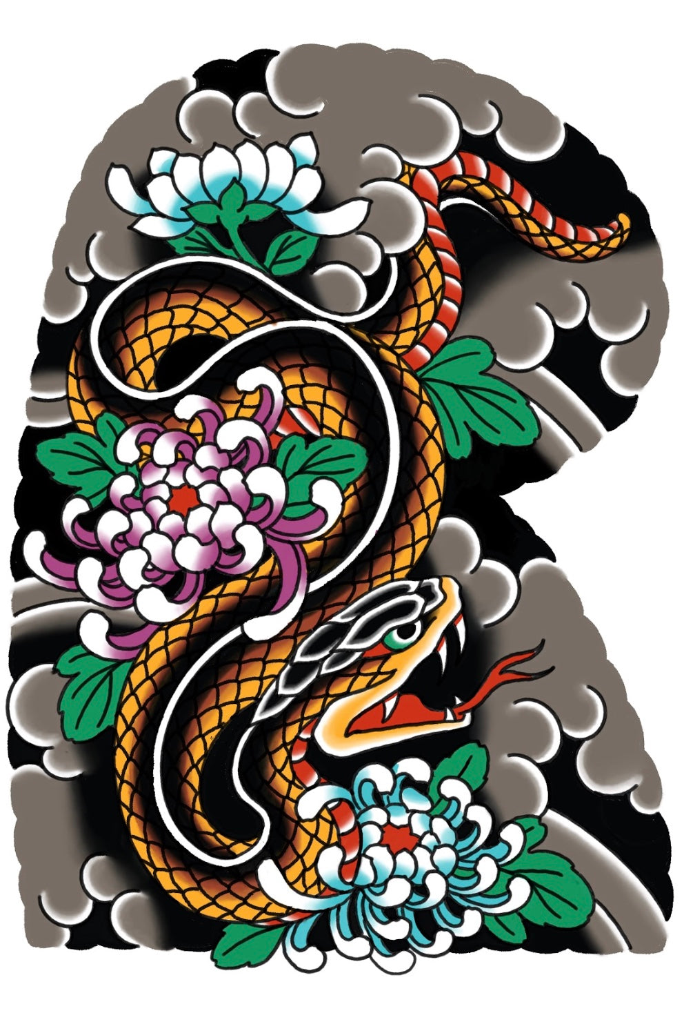 Traditional Japanese tattoo design with a snake, flowers, and clouds on a black background