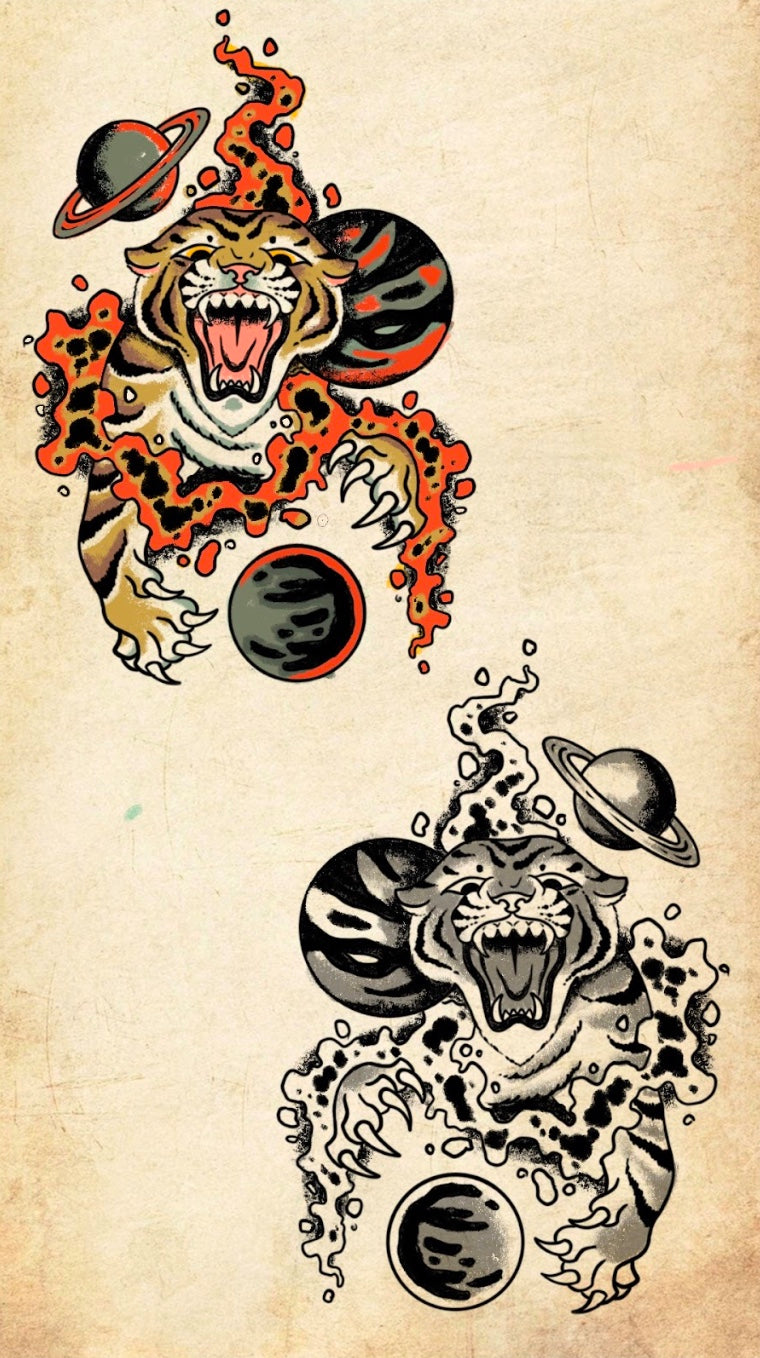 Traditional tattoo design of a roaring tiger with a snake and planets on a beige background