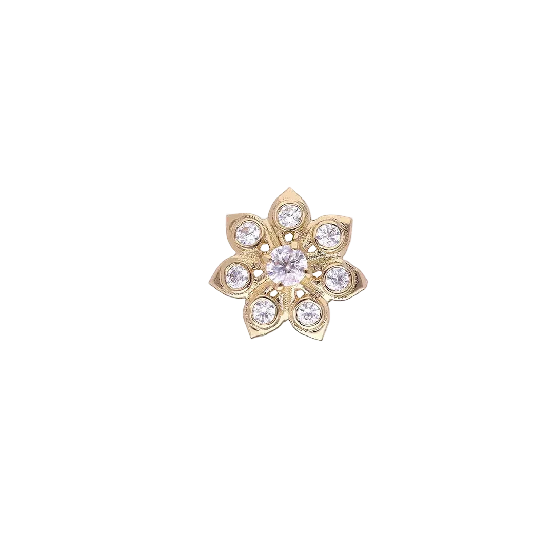 Gold flower-shaped earring with clear gemstones 