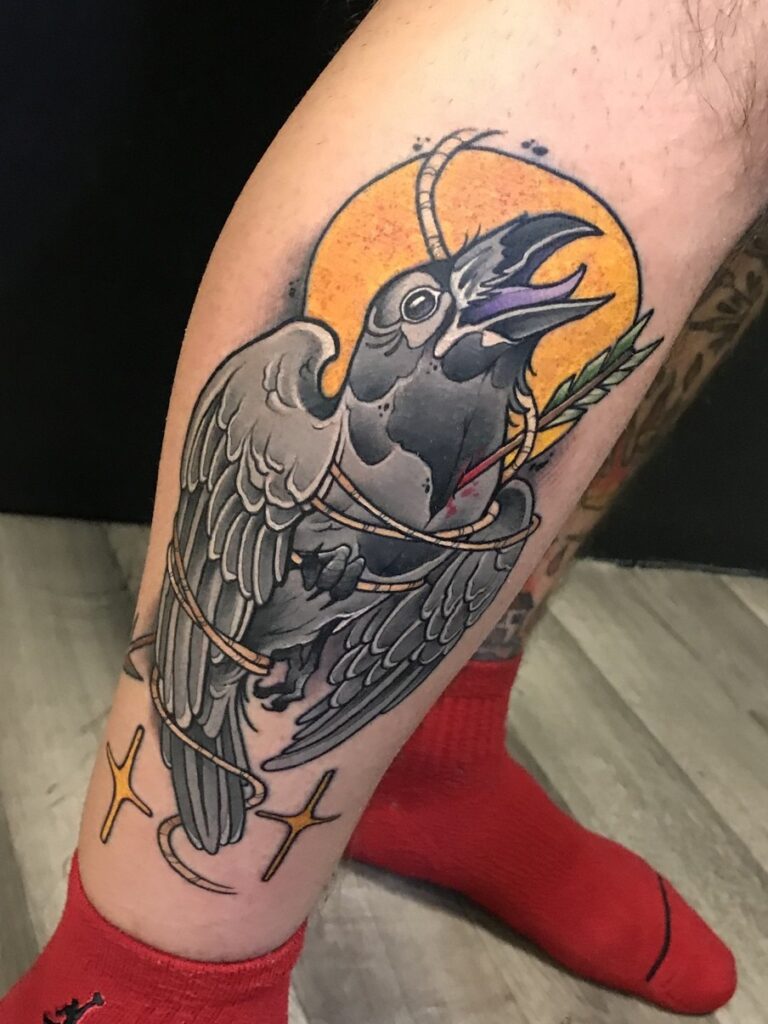 Neotraditional crow tattooo